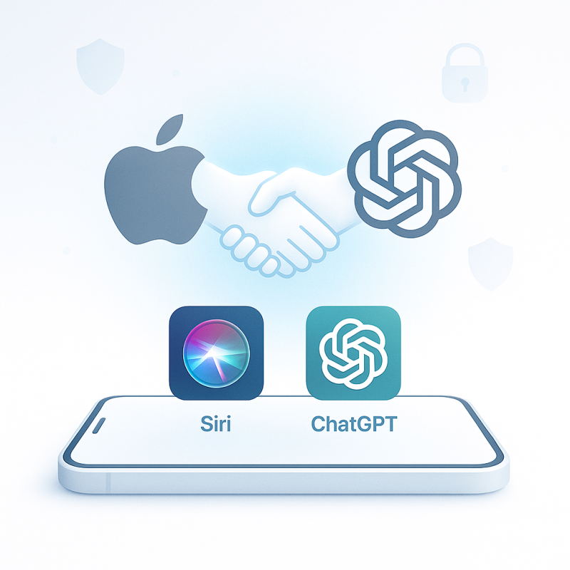 Illustration symbolisant la collaboration entre Apple et OpenAI, avec Siri et ChatGPT côte à côte sur un smartphone.
