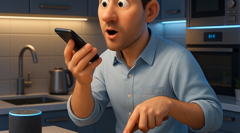 Homme cuisinant et utilisant un assistant vocal sur son smartphone